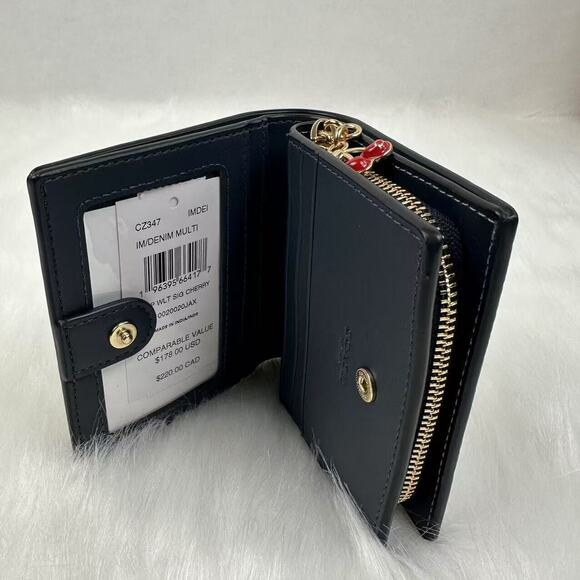 Coach Snap Wallet In Signature Canvas With Pink Cherry Print Gold/Denim Blue NWT - Picture 9 of 10